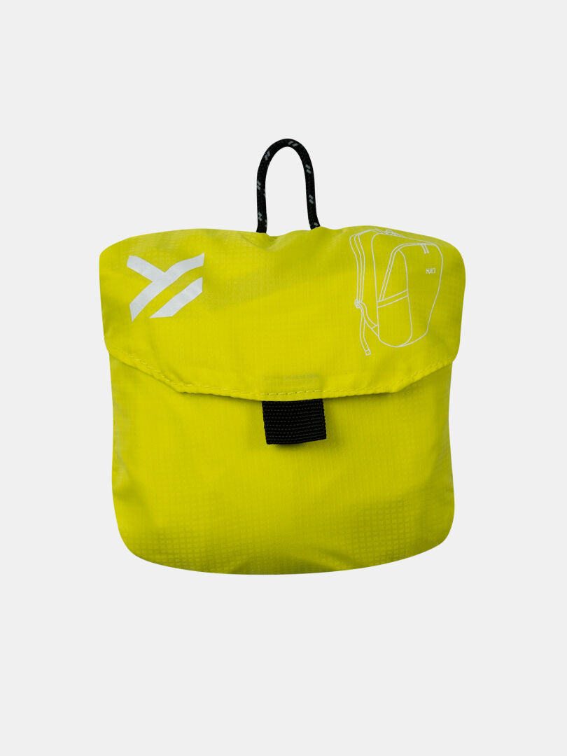 Der Halti Streetpack Rucksack ist klein, leuchtend gelb mit schwarzem Riemen und weißer Grafik auf hellem Grund.
