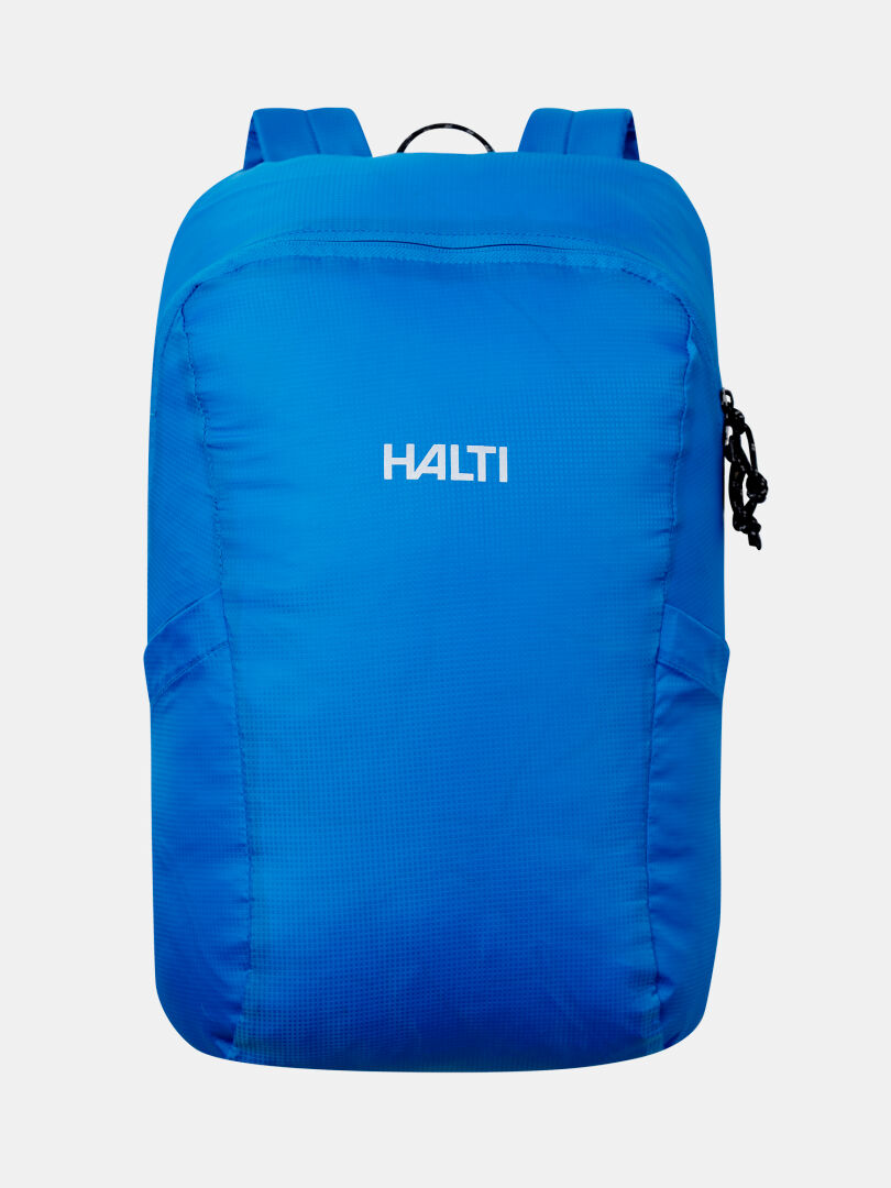 Der Halti Streetpack Rucksack ist eine hellblaue, ultraleichte Tasche mit dem Markenlogo, ideal für Outdoor-Aktivitäten.