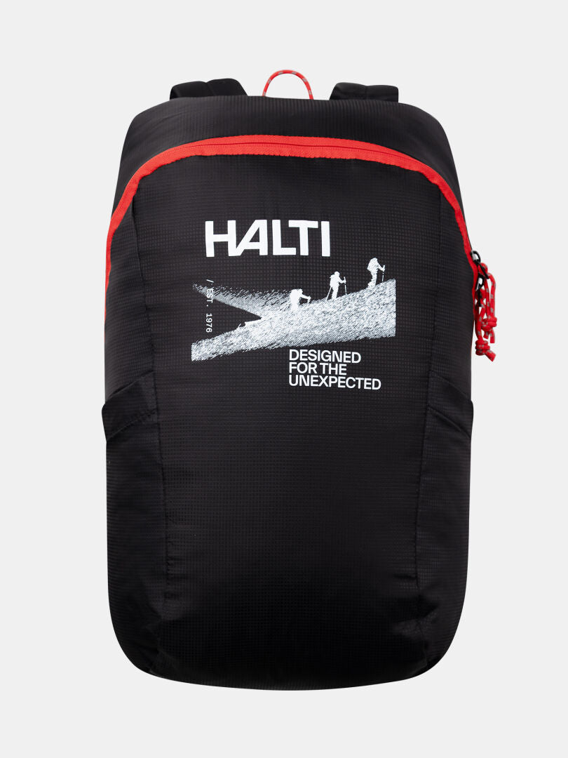 Ein schwarzer Halti Streetpack Rucksack mit rotem Reißverschluss und Outdoor-Grafik mit der Aufschrift