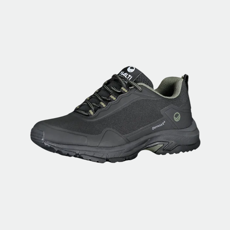 Der Fara Herren Low 2 DrymaxX von Halti ist ein schwarz-grauer Schnürschuh mit GripmaxX Antirutsch-Sohle und Zungenbranding.