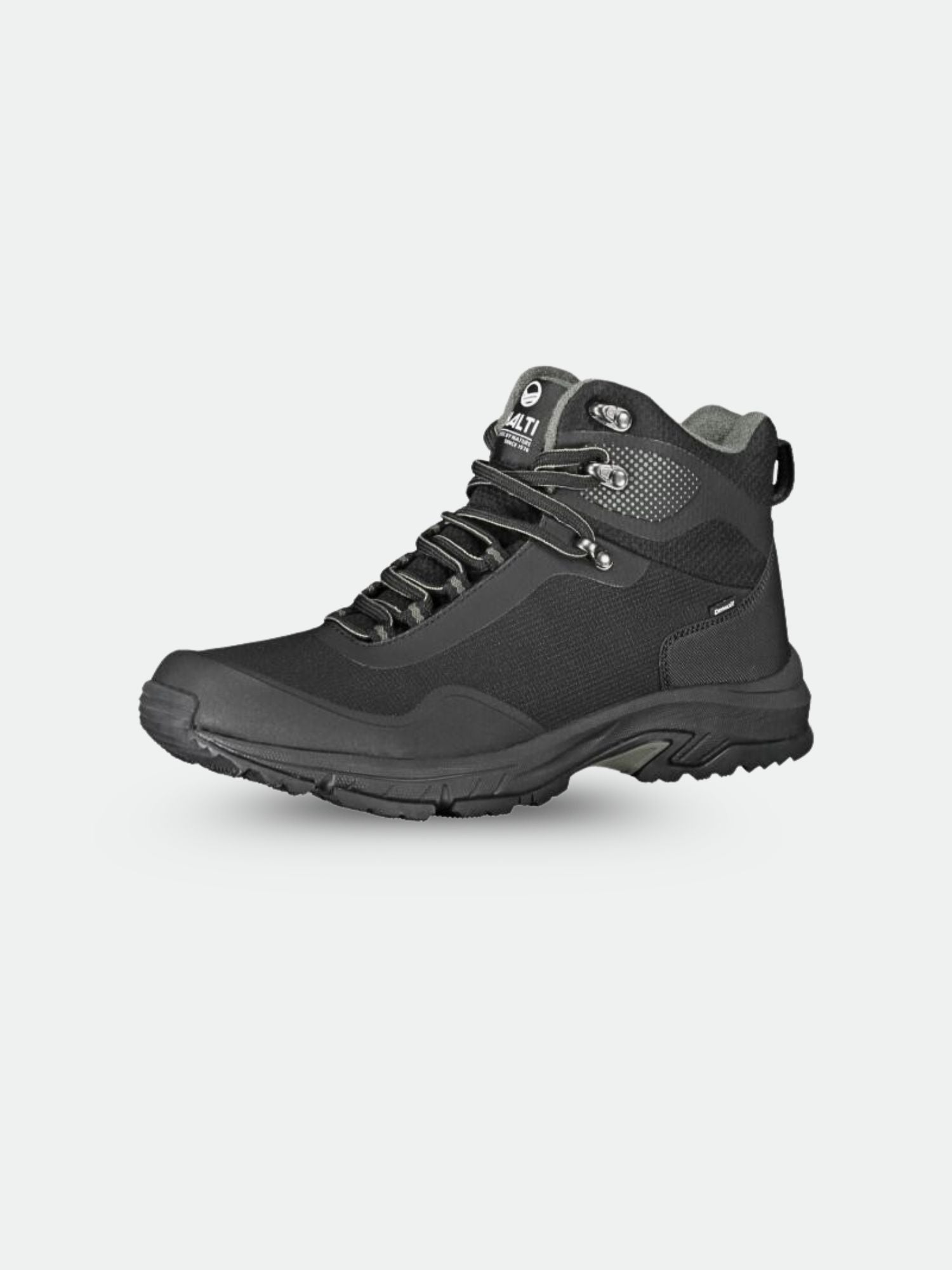 Halti Fara 2 DX Mid Outdoor Schuhe Damen, schwarz mit Gummisohle, Schnürung vorne & Knöchelstütze auf hellem Grund.
