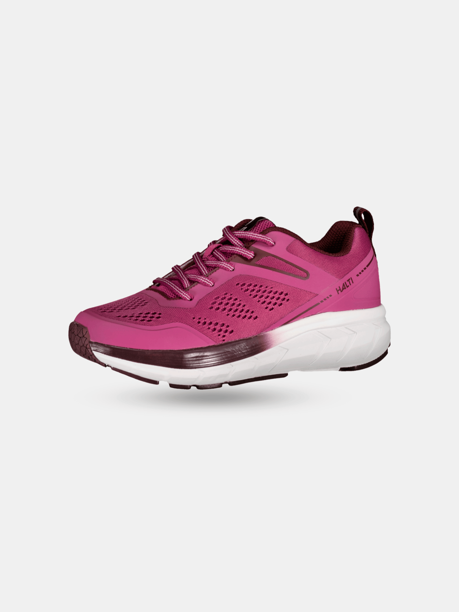 Der Halti Tempo 2 Damen Schuhe ist ein pinkfarbener, atmungsaktiver Laufschuh mit Mesh-Einsätzen und einer weiß-schwarzen Sohle.