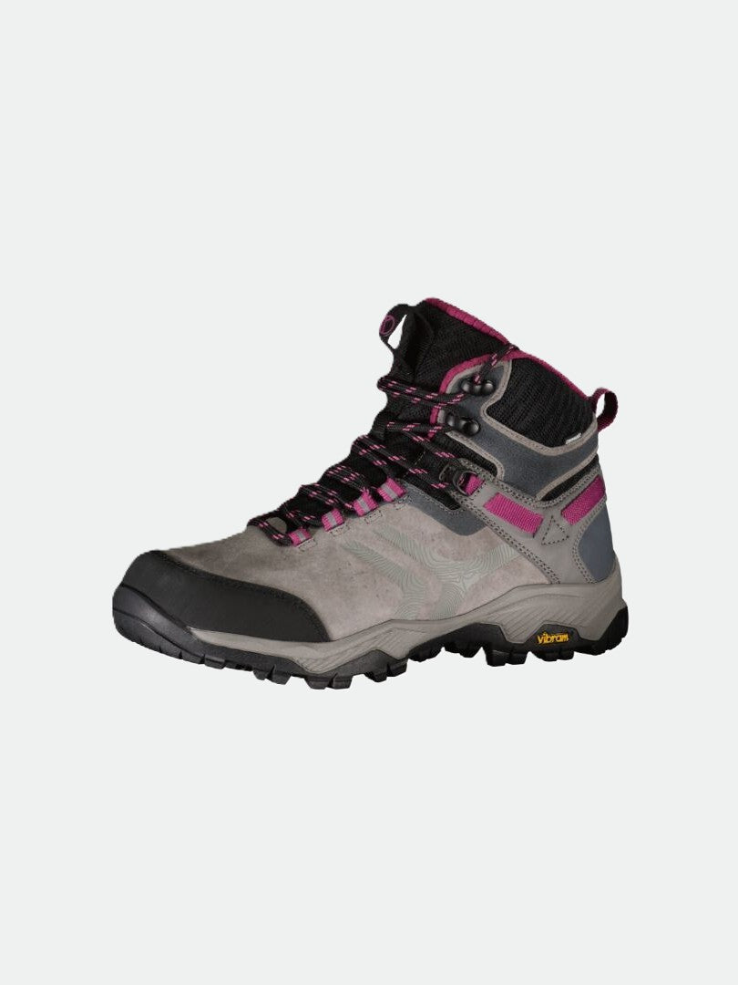 Halti Ragnar Mid Damen DrymaxX Trekkingschuhe: grau, schwarze Sohle, kastanienbraune Akzente, knöchelhoch, wasserdicht.