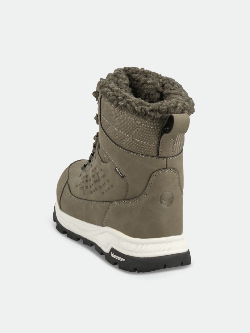 Ein einzelner Halti Fjalla DX Ice Control Winterstiefel Damen in Taupe mit Kunstfellfutter, weißer Sohle und Michelin Ice Grip Sohle, von hinten betrachtet.