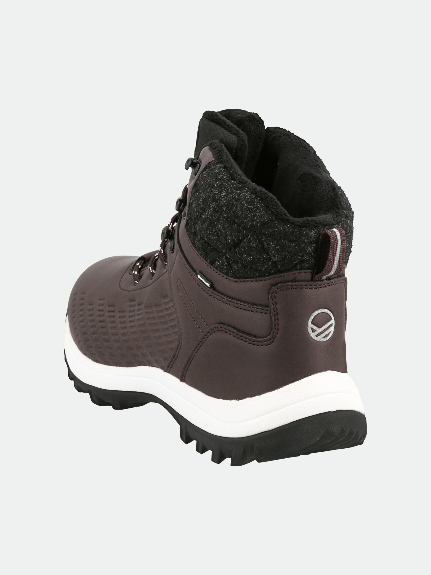 Der Halti Kevo Mid DrymaxX Winterstiefel Herren ist dunkelbraun mit schwarzen Schnürsenkeln, strukturiertem Kragen und weiß-schwarzer Sohle, Rückansicht.