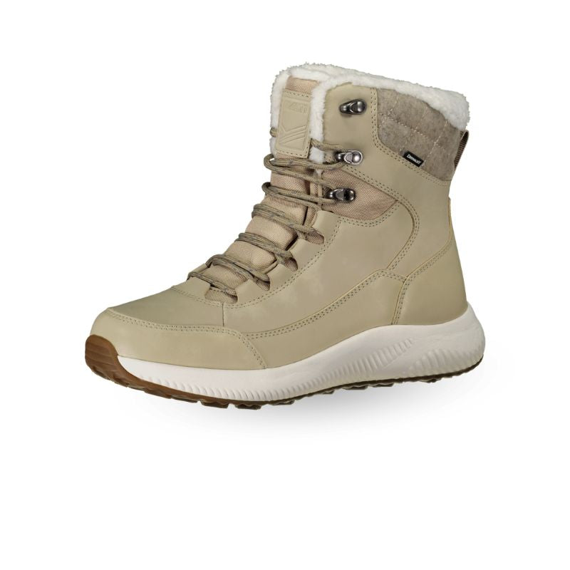 Halti Dundee Mid DrymaxX Damen beige Winterstiefel mit Fleecefutter, Metallösen und brauner Sohle auf weißem Grund.