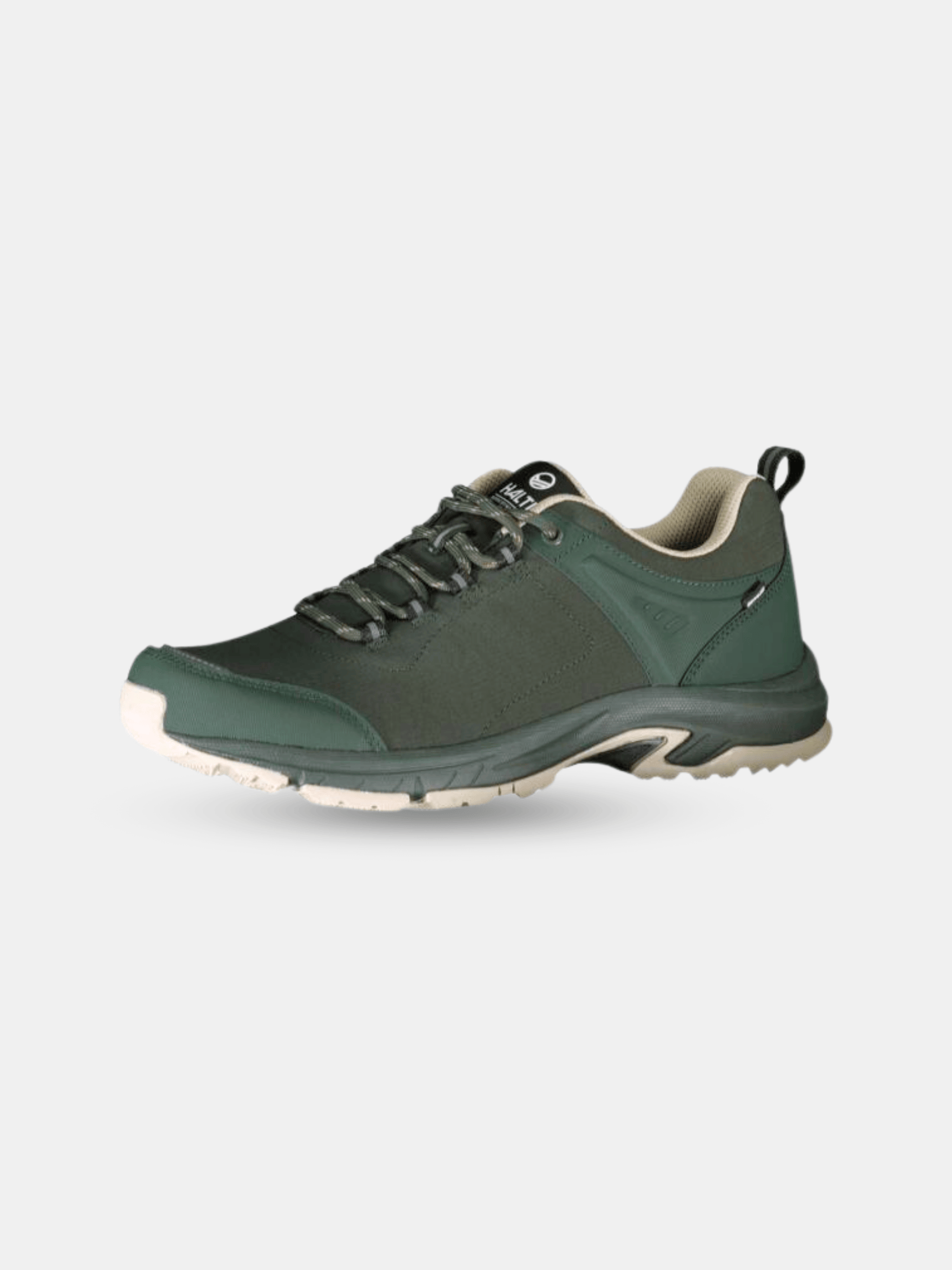 Der Halti Outdoor-Schuh Low DX Herren ist ein grün-grauer Low-Top mit GripmaxX Antislip-Sohle und Logo auf der Zunge.