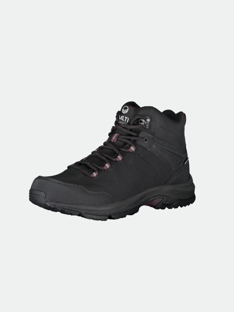 Der Halti Outdoor-Schuhe Mid DX Damen ist ein schwarzer Mid-Top-Wanderschuh mit GripmaxX-Sohle und roten Akzenten, wasserdicht.