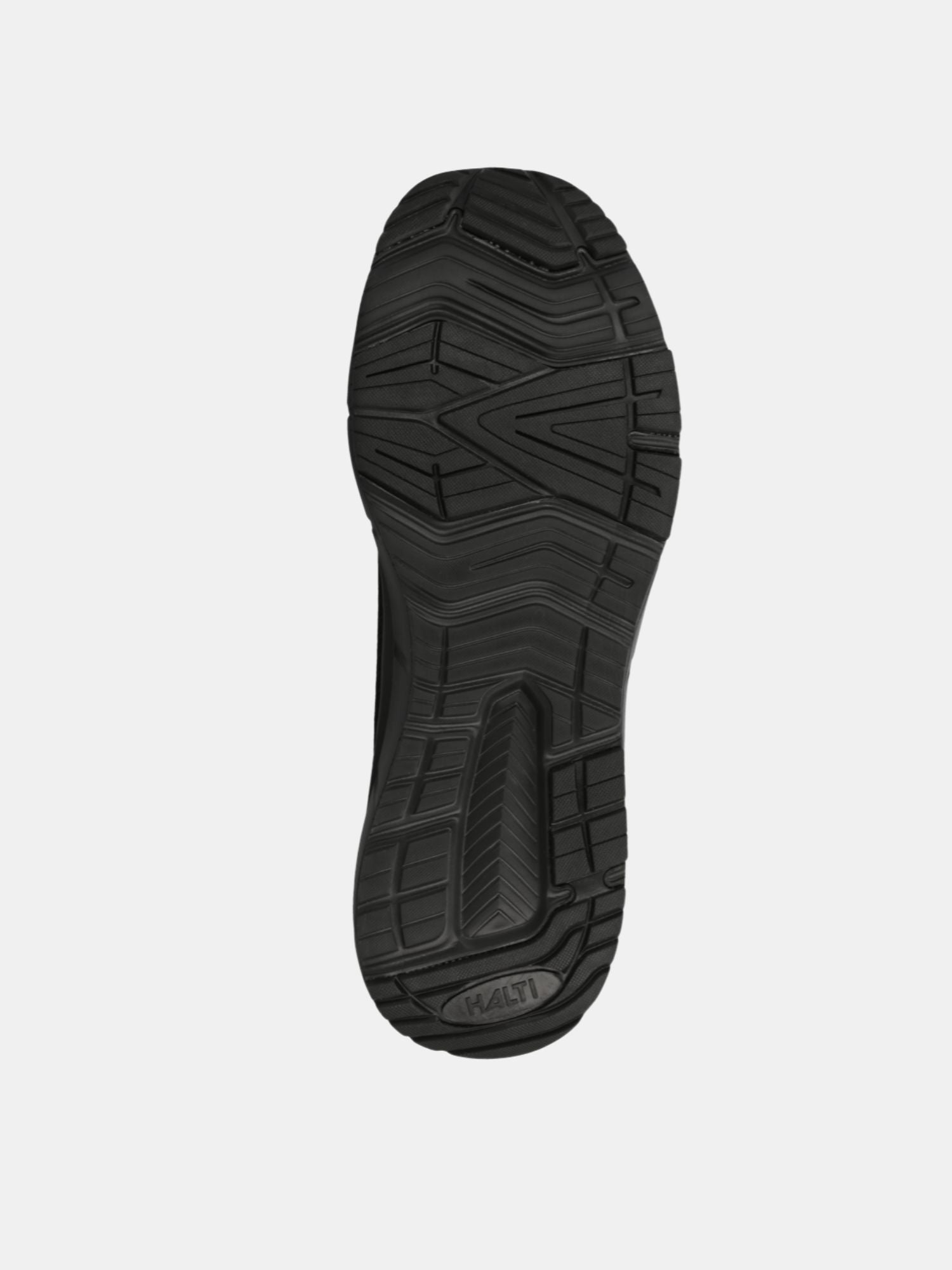 Der Lester Sneaker Herren von Halti hat eine schwarze Gummisohle mit strukturiertem Profil und geometrischen Mustern, hergestellt aus recyceltem Polyester.