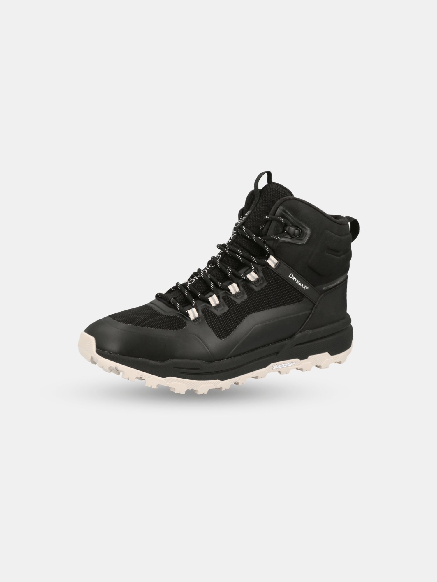 Halti Hiker Kuru DrymaxX Outdoor Schuhe Herren, schwarz mit weißer Sohle und wasserdichter DrymaxX® Membran auf weißem Hintergrund.