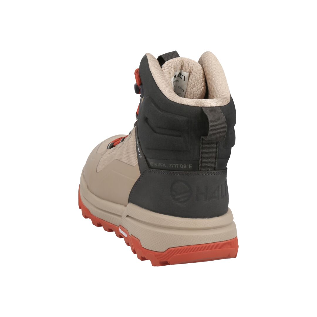 Der Halti Hiker Kuru DrymaxX Damenschuh in Beige/Schwarz mit roten Akzenten, von hinten auf weißem Hintergrund abgebildet.