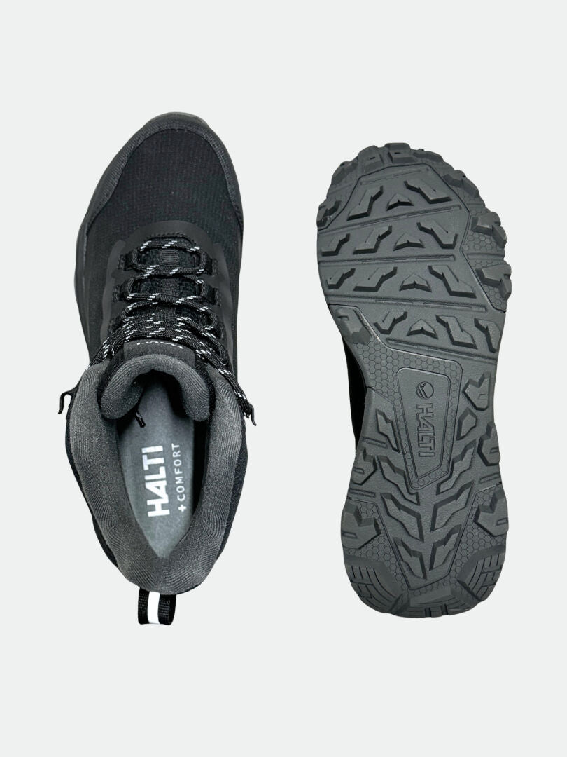 Ein Paar schwarze Halti Fara 3 DX Mid Outdoor Schuhe Damen von oben und Sohle gezeigt, mit HALTI auf Zunge und Sohle.
