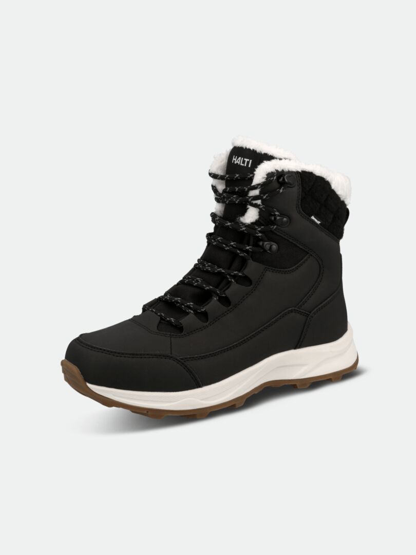 Der Halti Duffus DX Spike Schuhe Damen ist ein schwarzer Winterstiefel mit weißem Kunstfell und Schnürung vorne für Winterspaziergänge.