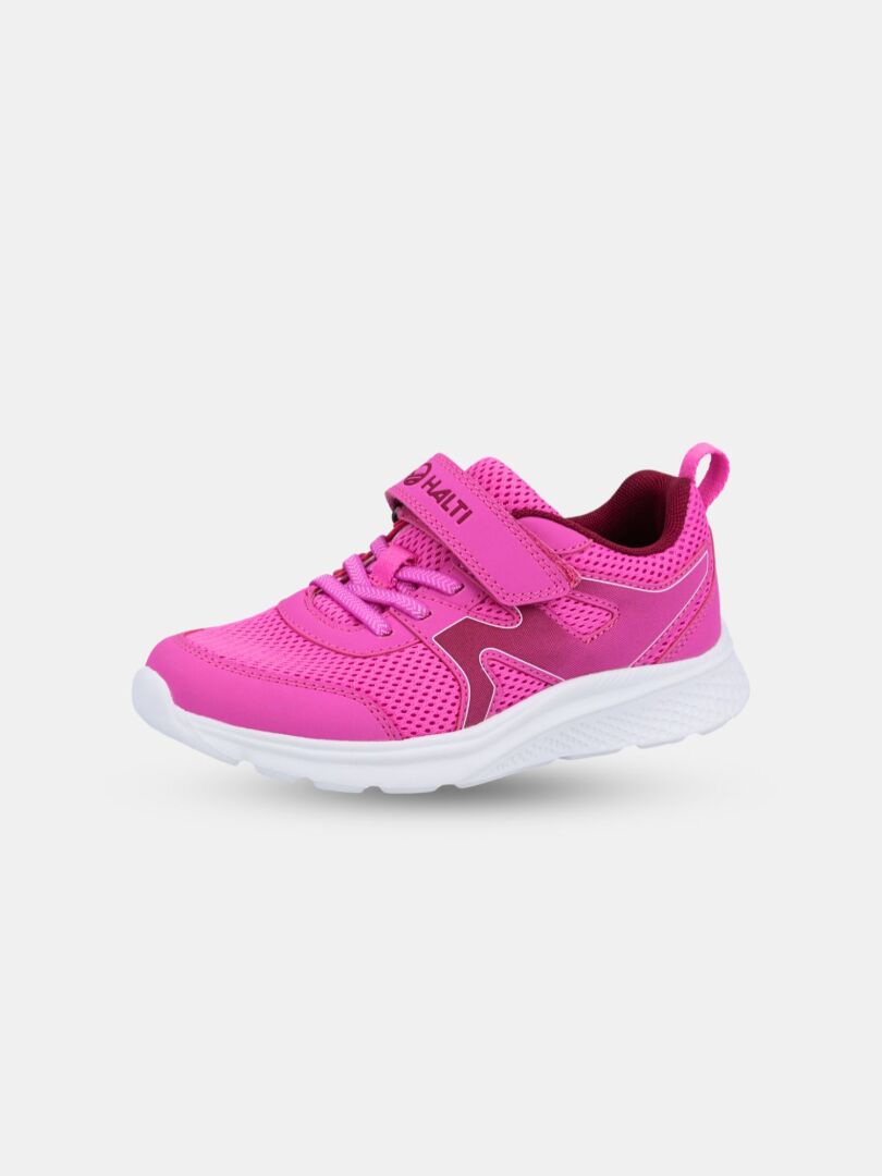 Der Halti Merry Sneaker Kinder in Pink verfügt über Mesh-Einsätze, Klettverschluss und eine weiße Phylon-Sohle auf schlichtem Hintergrund.