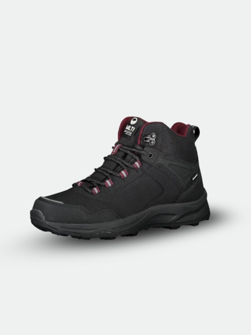 Der Halti Lynx Mid 2 DX Spikeschuhe Damen ist ein schwarzer Wanderschuh mit kastanienbraunen Akzenten und GripmaxX Spike-Sohle.