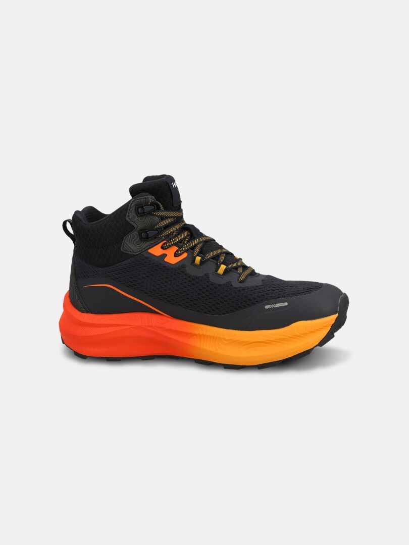Halti Rapid DX Mid Outdoor-Schuhe für Herren: Schwarz/Orange, gelbe Schnürsenkel, Obermaterial aus Mesh, robuste Sohle mit Profil.