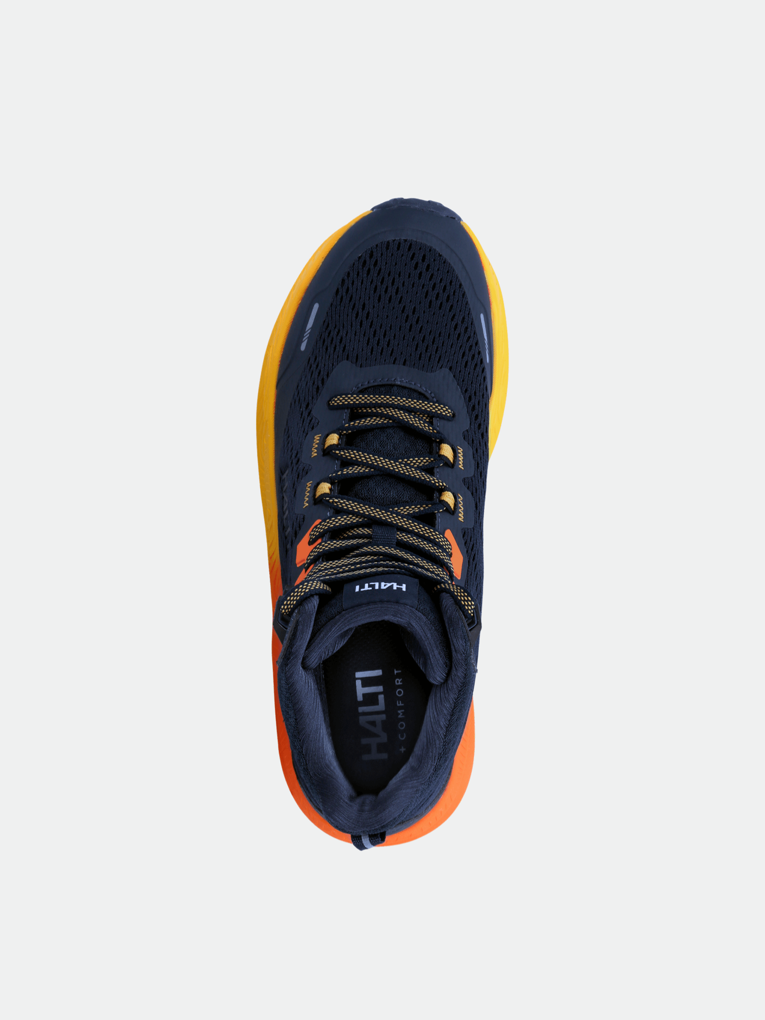 Die Halti Rapid DX Mid Outdoor Schuhe Herren in navy mit orangefarbenen Details, gelber Sohle und schwarzen Schnürsenkeln von oben gesehen.