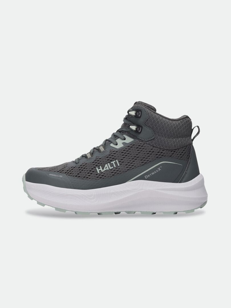 Der Halti Rapid DX Mid Outdoor Schuh für Herren ist ein grau-weißer, wasserdichter Trailrunning-Schuh mit DRYMAXX-Technologie.