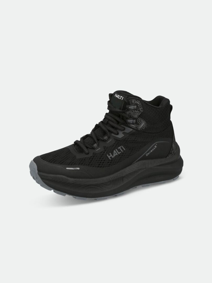 Ein schwarzer Halti Rapid DX Mid Outdoor Herren-Sneaker mit Mesh-Obermaterial, dicker Sohle und Schnürung vorne auf weißem Grund.