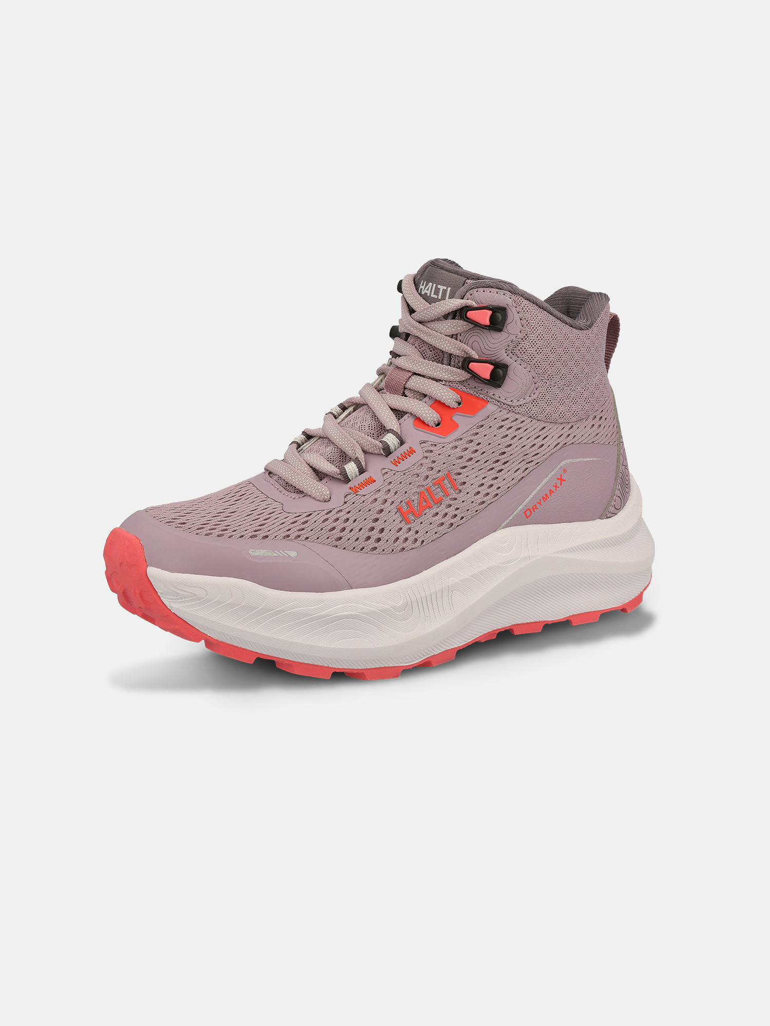 Halti Rapid DX Mid Outdoor Schuhe Damen: mauvefarbene High-Tops mit Jacquard-Mesh, roten Akzenten und einer dicken weißen Sohle.