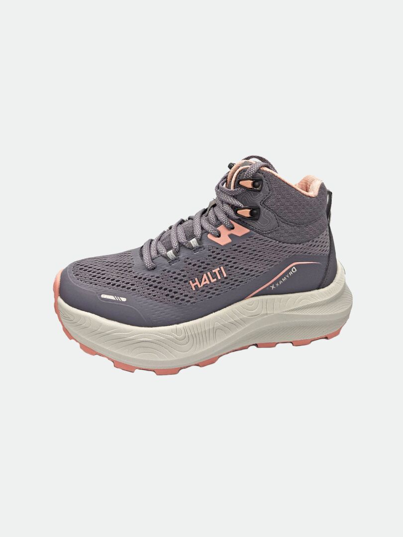 Halti Rapid DX Mid Outdoor-Schuhe für Damen: Grau/Pink, Mesh, Schnürung, dicke weiße Sohle, knöchelhoher Trailrunner.