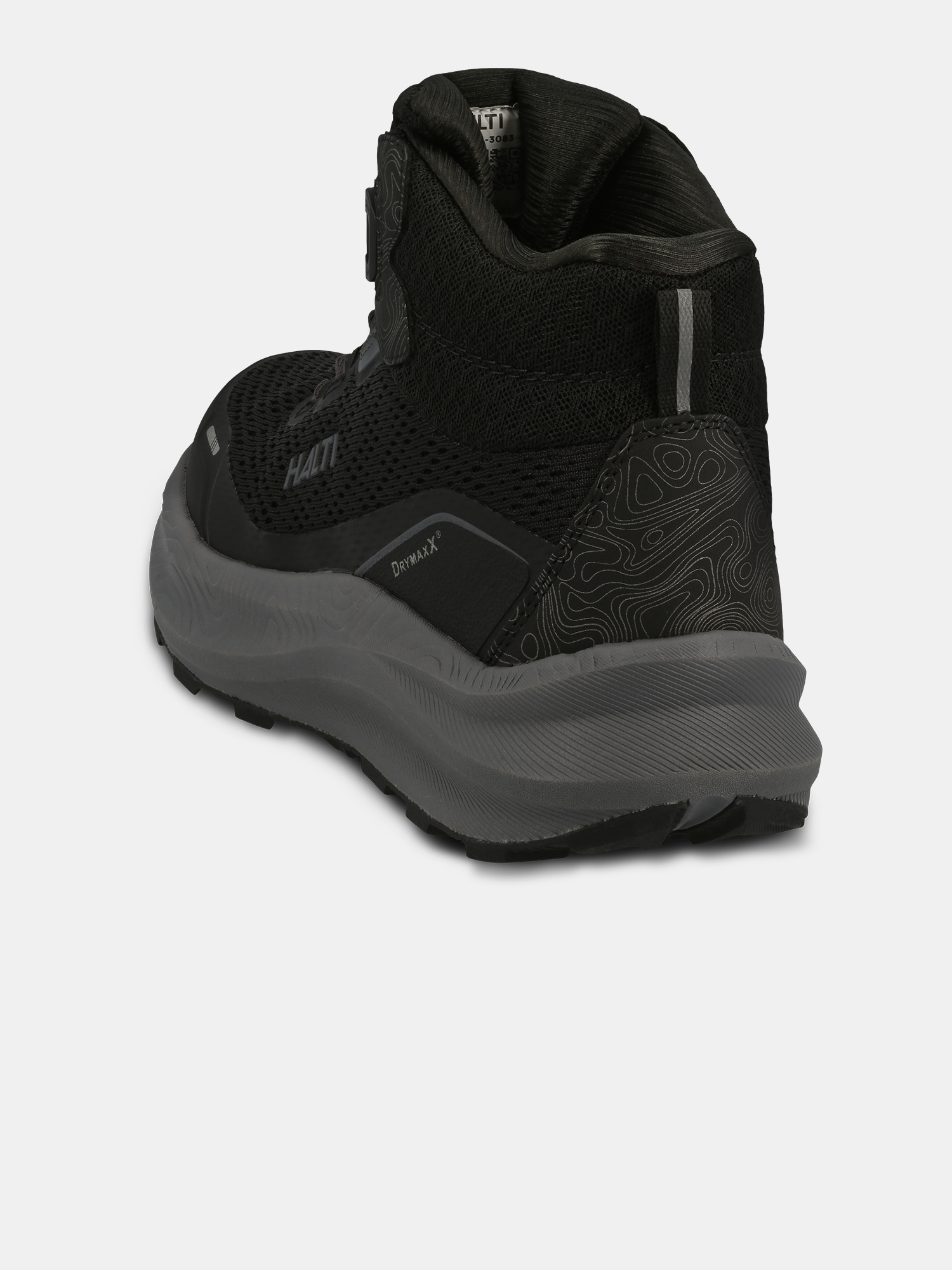 Halti Rapid Mid Freelock DX Schuhe Unisex, schwarz, dicke Sohle, strukturiertes Obermaterial, reflektierende Details, Ansicht von hinten links.