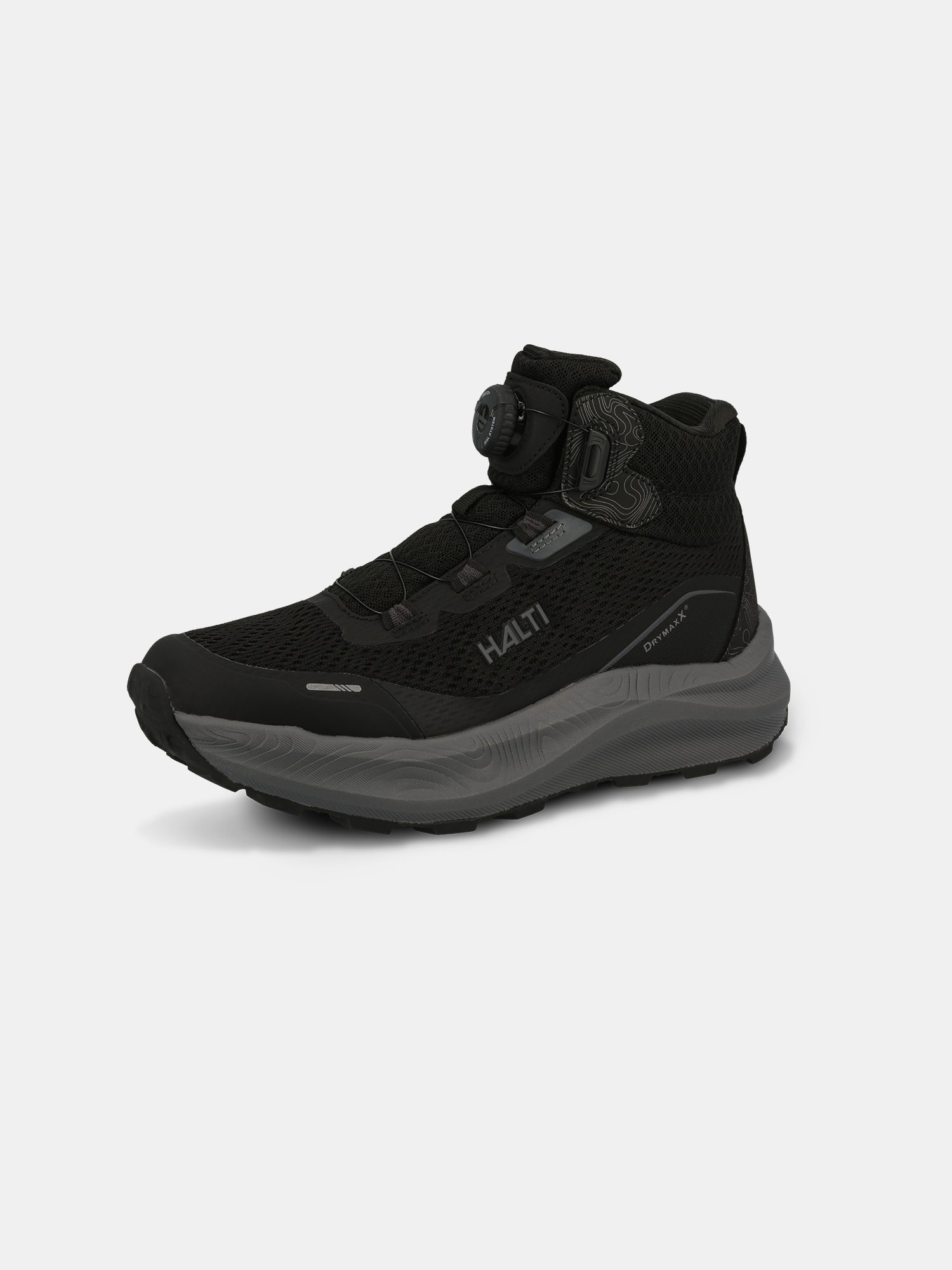 Die Halti Rapid Mid Freelock DX Schuhe Unisex in schwarz mit grauer Sohle und Freelock-Schnürung auf weißem Grund.