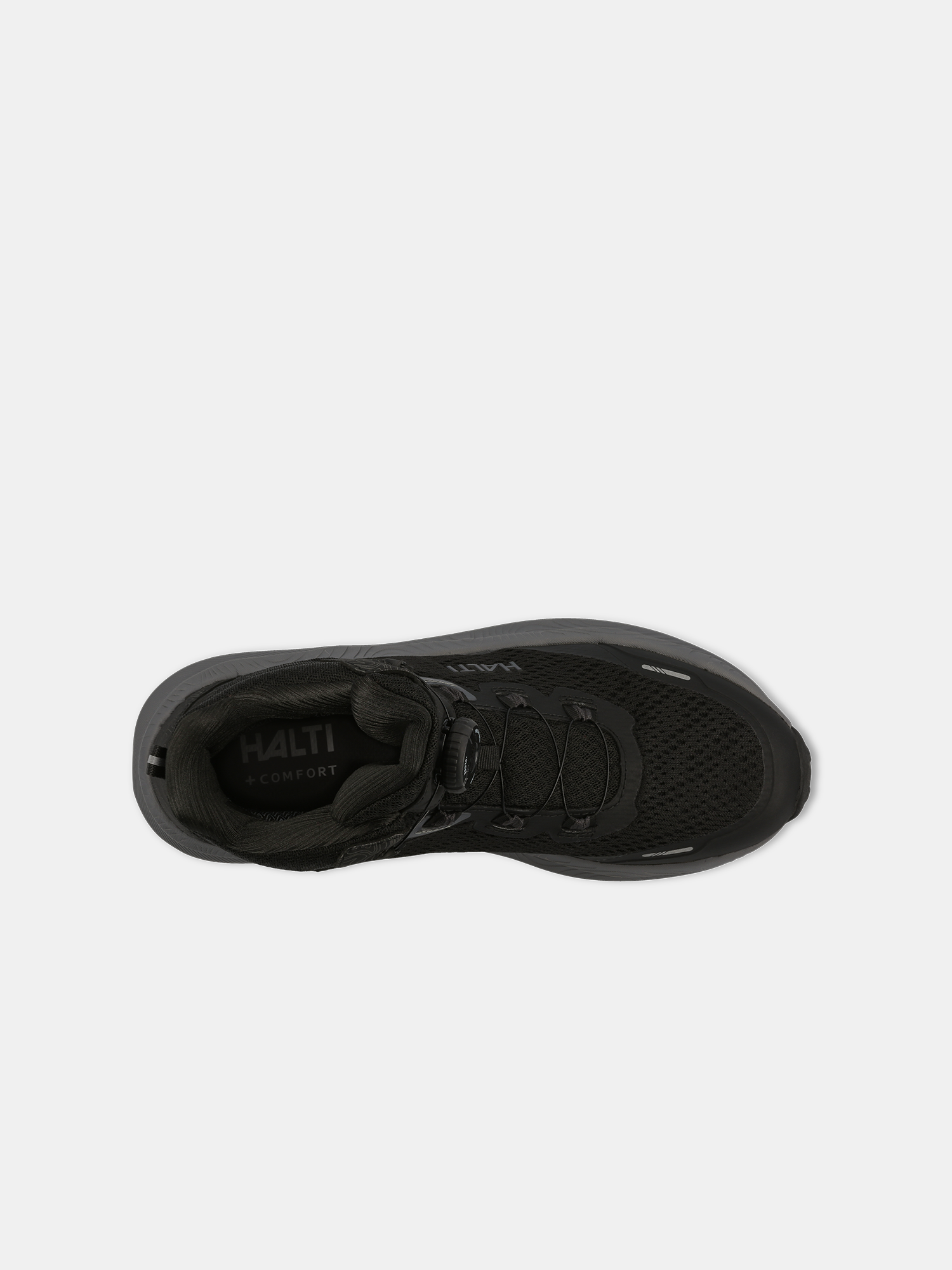 Draufsicht auf schwarze Halti Rapid Mid Freelock DX Schuhe Unisex mit Mesh und Freelock-System auf weißem Hintergrund.