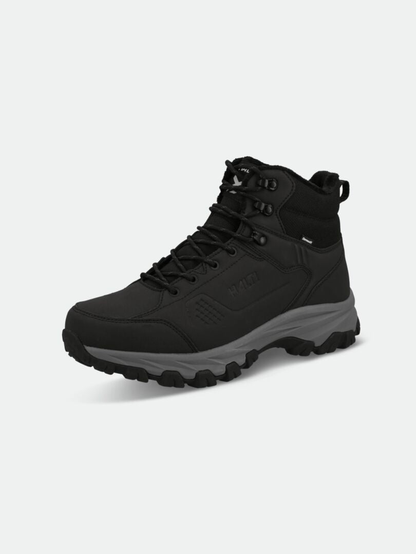 Halti Kevo 2 DX Herren Winterstiefel in schwarz mit grauer, robuster Sohle, schwarzen Schnürsenkeln und Metallösen.