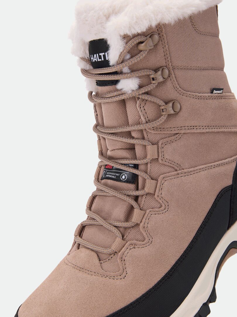 Halti Tornio 2 DX Winterstiefel in Taupe, mit Schnürung, Kunstfellkragen, schwarzem Schmutzschutz und Thinsulate-Futter.