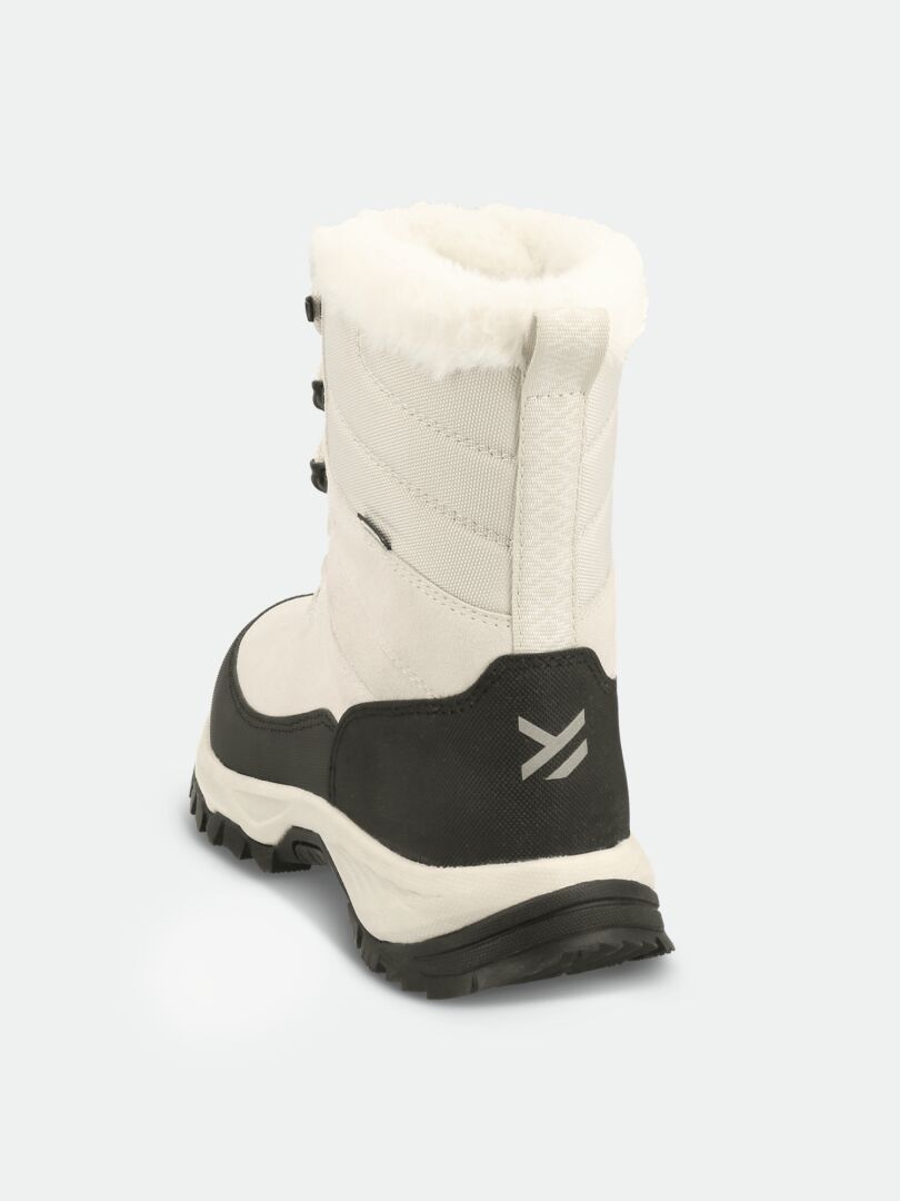 Halti Tornio 2 DX Winterschuhe: weiß, schwarze Sohle & Schnürsenkel, Kunstfellfutter, Thinsulate, Rückansicht abgebildet.