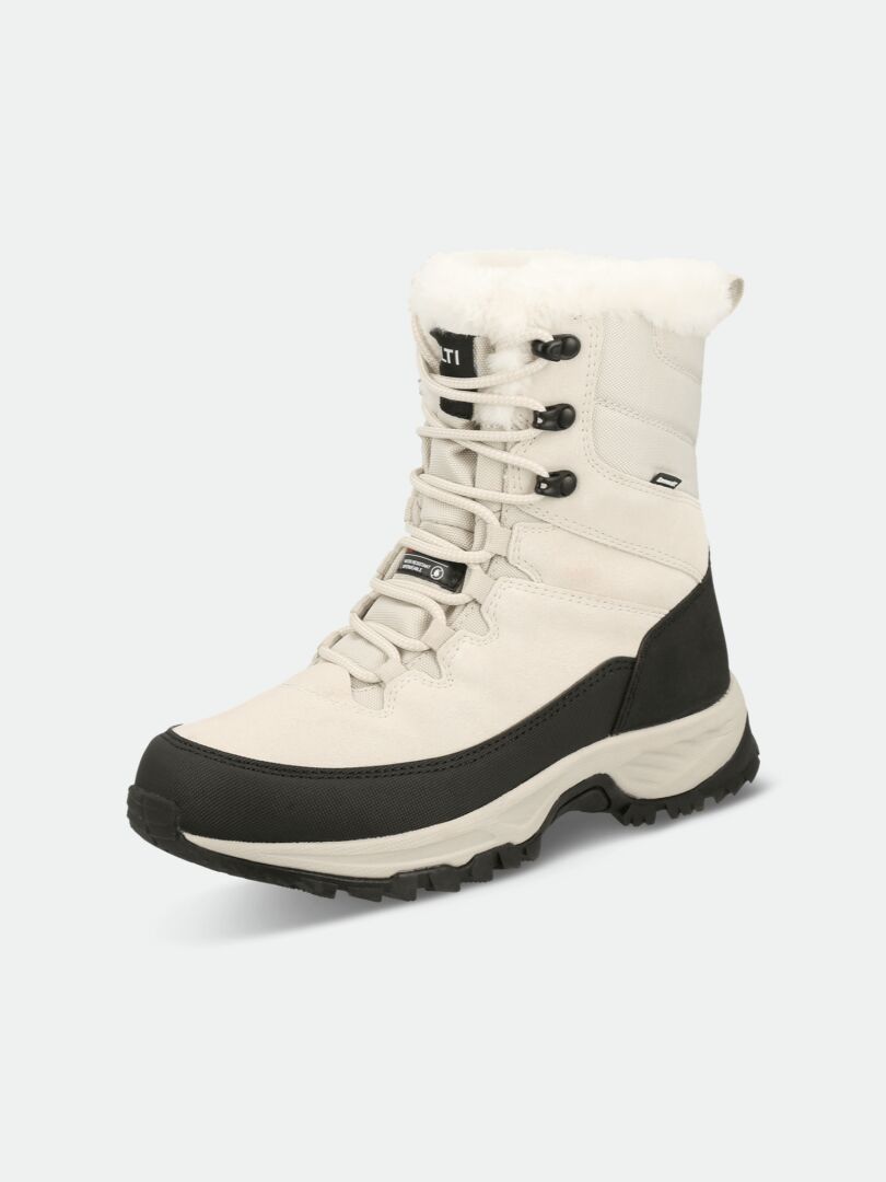 Ein einzelner Halti Tornio 2 DX Winterschuh in Weiß und Schwarz mit dicker Sohle, Schnürung vorne und Kunstfellbesatz.