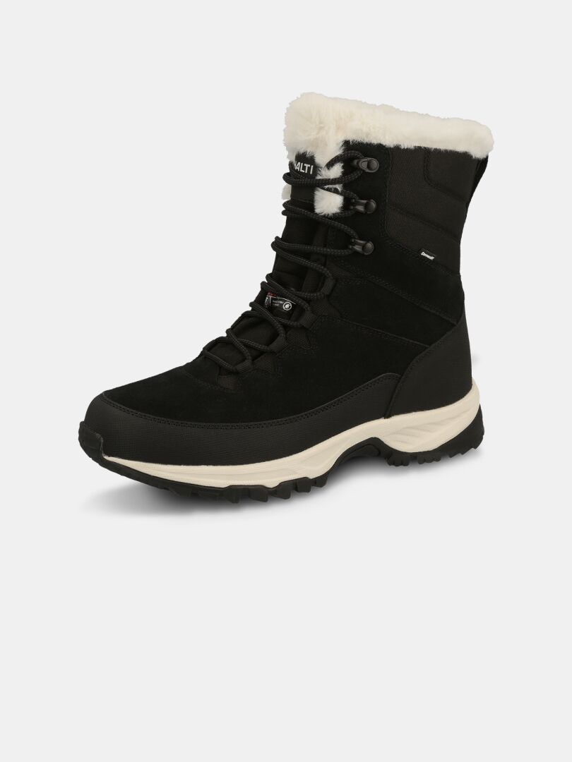 Halti Tornio 2 DX Winterschuhe: schwarze Stiefel mit weißem Kunstfell, Schnürung vorne, dicke Sohle, Thinsulate-Isolierung.