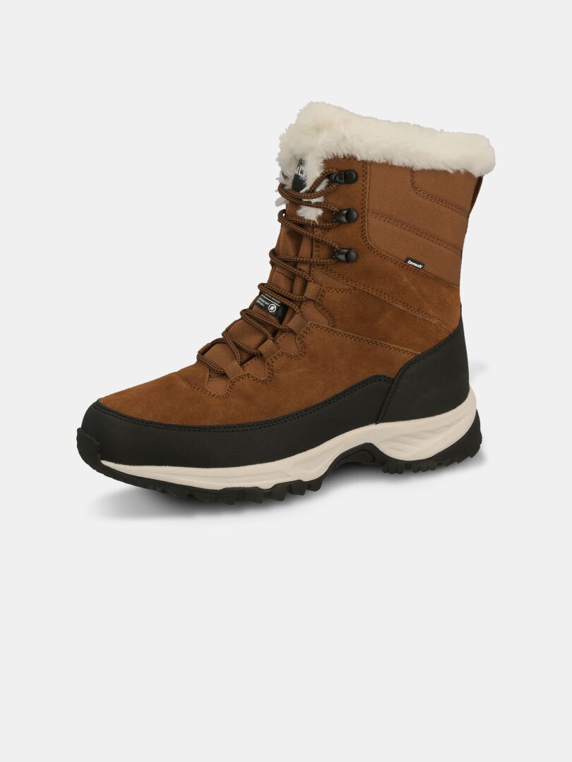 Halti Tornio 2 DX Winterschuhe: braun mit schwarzer Sohle, weißes Kunstfellfutter, Schnürung vorne, Thinsulate Isolierung.