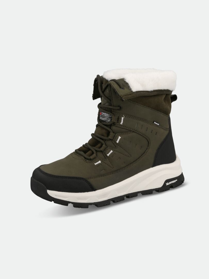 Der Halti Fjalla 2 DX Ice Control Damen Stiefel ist olivgrün mit Thinsulate, Fleecefutter, schwarzer Sohle und Schnürsenkeln.