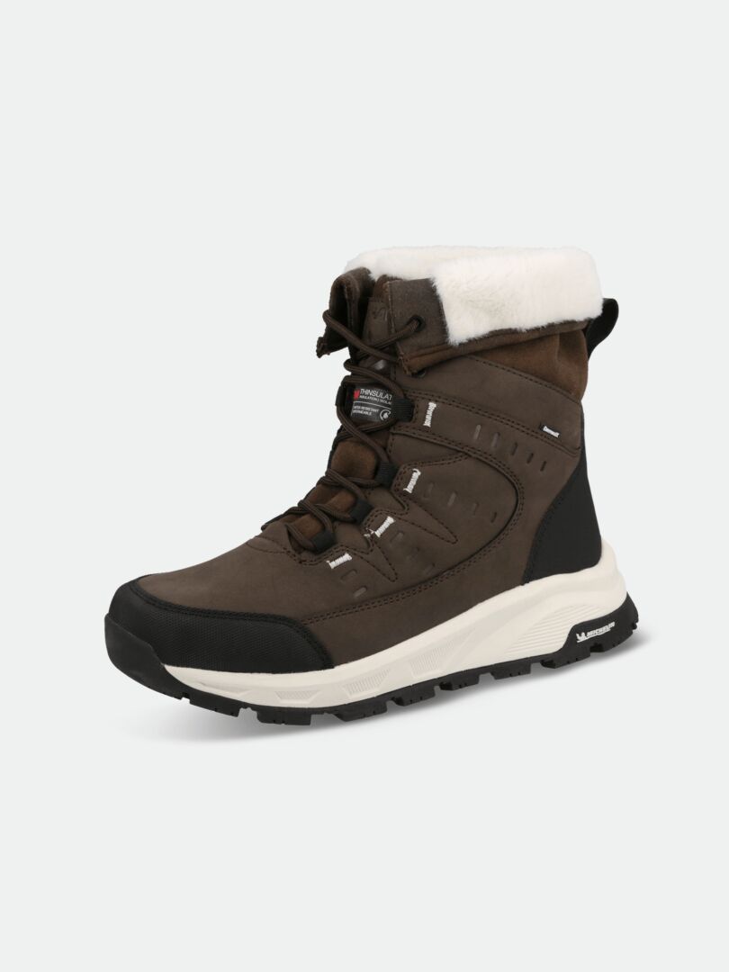 Halti Fjalla 2 DX Ice Control Damen: braune Winterstiefel mit schwarzer Sohle, weißer Zwischensohle, Kunstfell, Schnürung, Michelin-Profil.