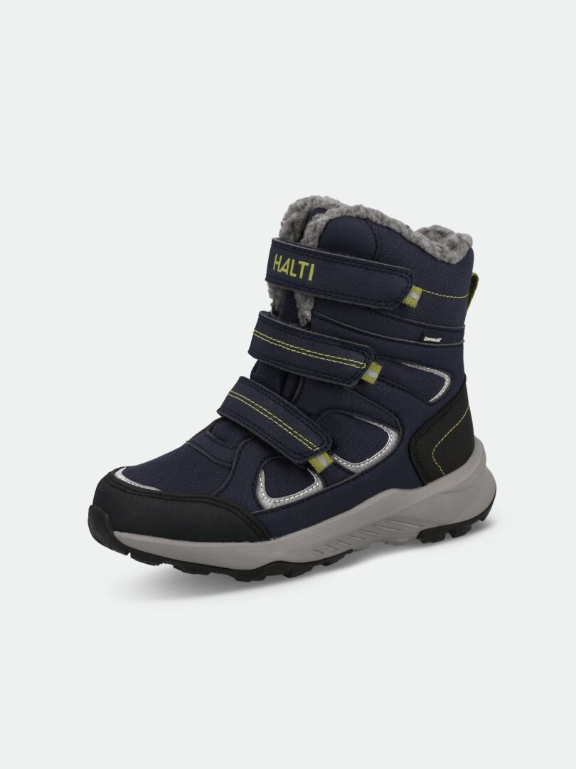 Ein einzelnes Paar marineblaue Halti Reiss 3 DX Winterschuhe für Kinder mit grauer Sohle, Klettverschlüssen, Kunstfellfutter und HALTI-Etikett.