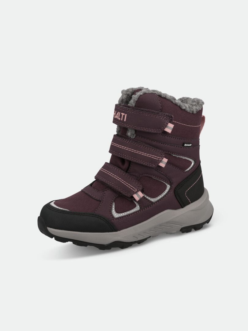 Ein einzelnes Paar Halti Reiss 3 DX Winterschuhe für Kinder, in der Farbe Maroon mit grauem Kunstfell, Klettverschlüssen und einer dicken Gummisohle.