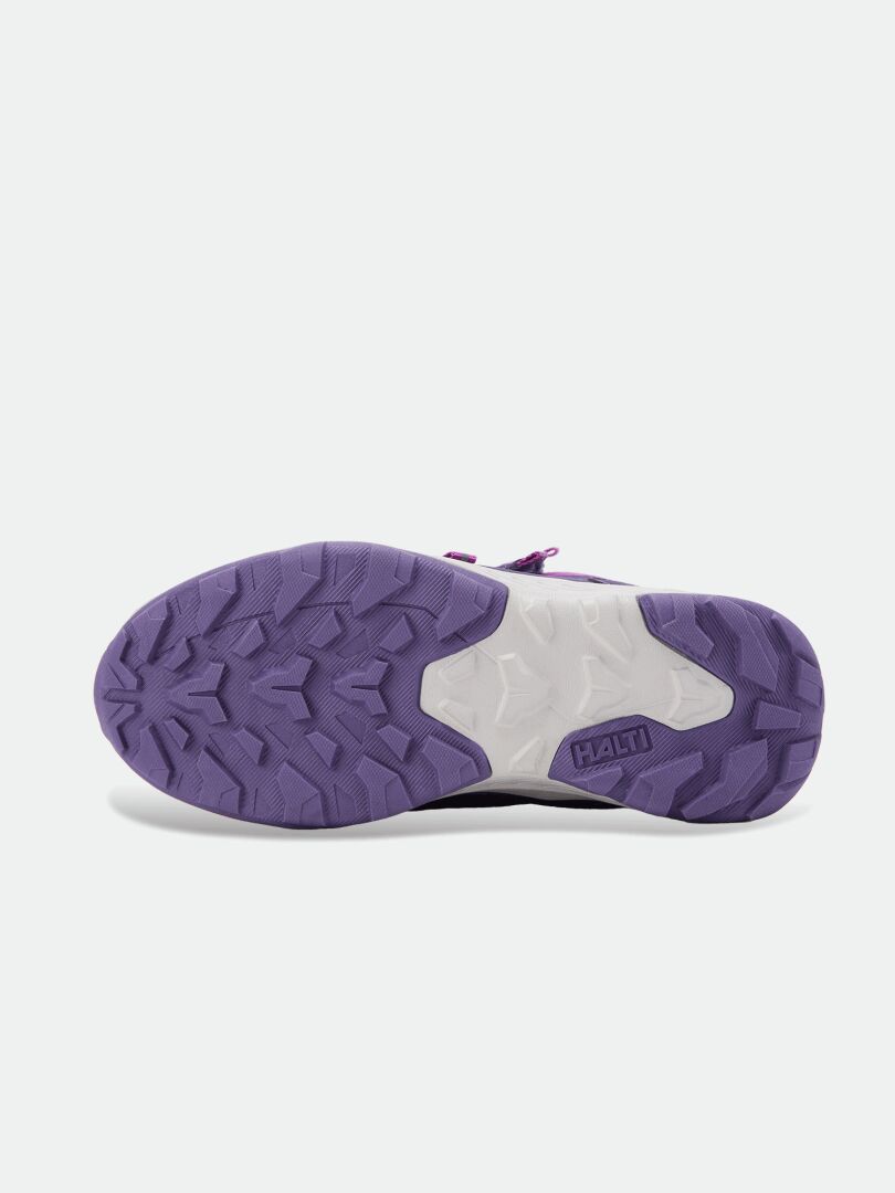 Lila-weiße Sohle mit profiliertem Profil für die Halti Reiss 3 DX Winterschuhe für Kinder, ausgestattet mit einer wasserdichten DrymaxX-Membran.