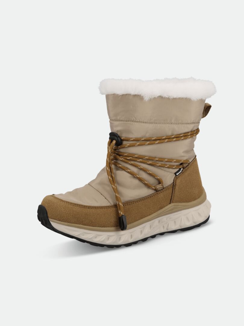Die Halti Skene DX Winterschuhe Damen sind hellbraune Stiefel mit weißem Kunstfell, dicken Sohlen und braunen, um den Knöchel gewickelten Schnürsenkeln.
