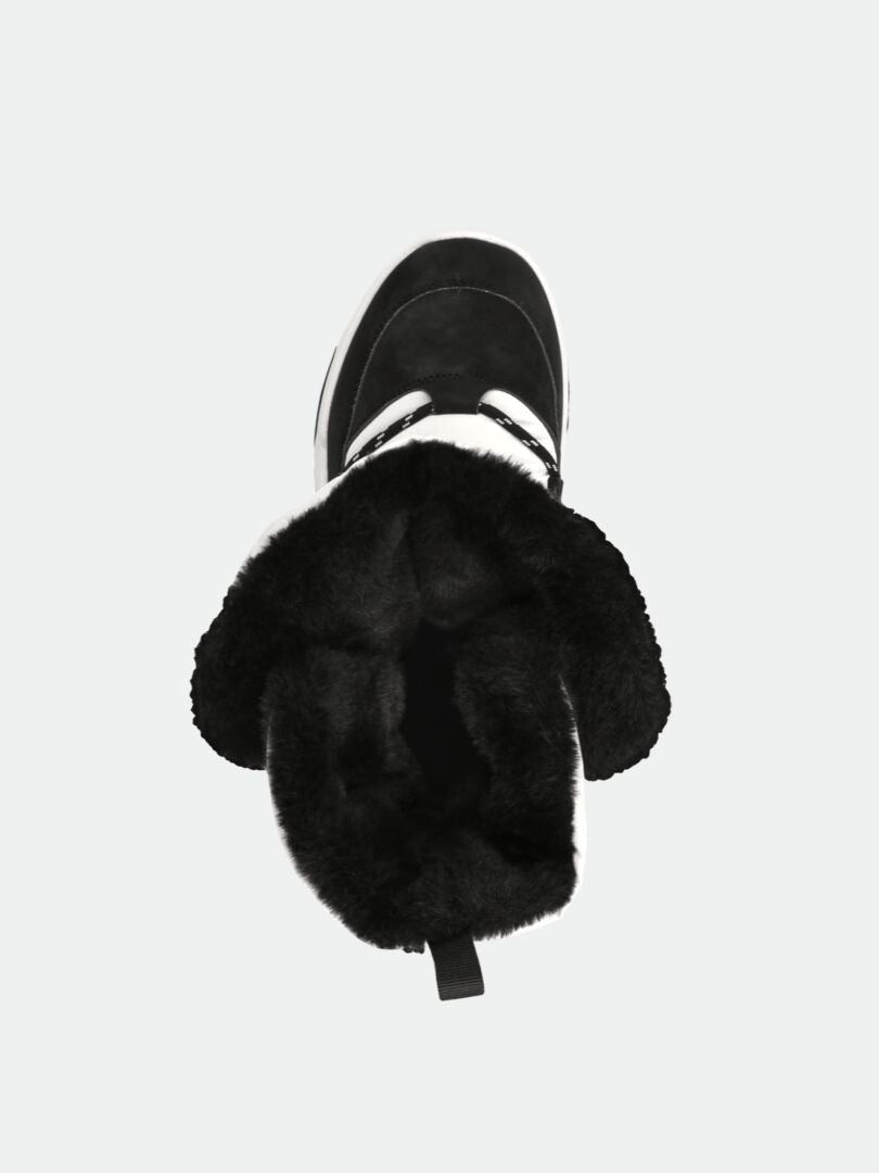 Draufsicht auf Halti Jeti DX Winterstiefel Damen, ein wasserdichter schwarz-weißer Stiefel mit flauschigem Futter und Spitzendetail.