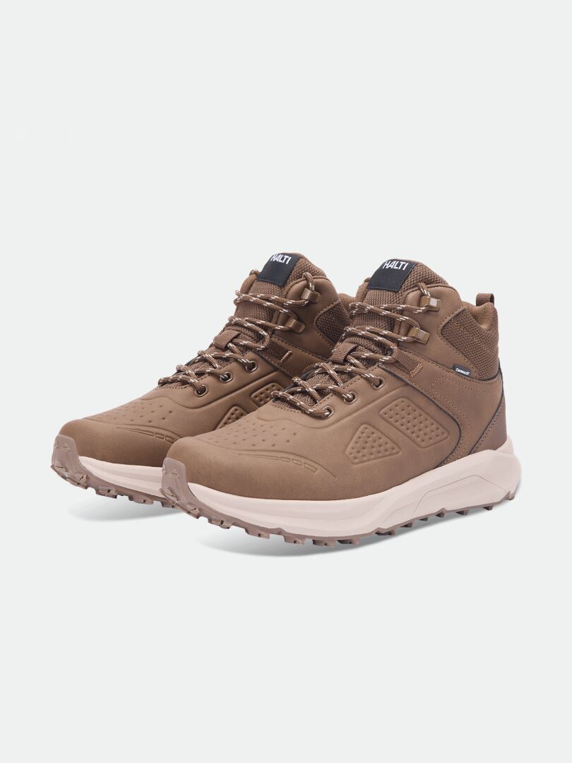 Halti Morgam Mid DX Herrenschuhe, braun mit beigen Sohlen und Mesh, ideal für Outdoor-Aktivitäten.