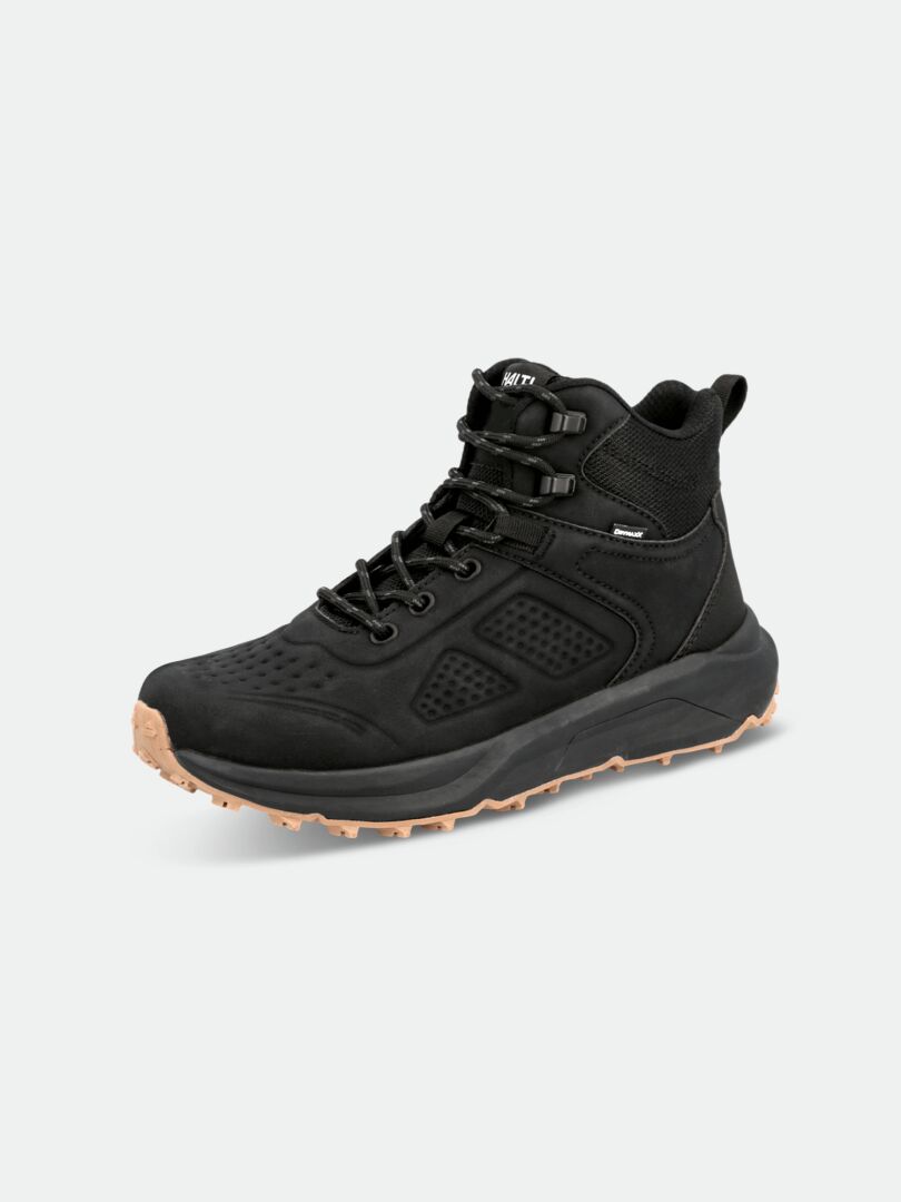 Der Halti Morgam Mid DX Herrenschuh ist schwarz mit Mesh und tanfarbener Sohle auf hellgrauem Hintergrund.