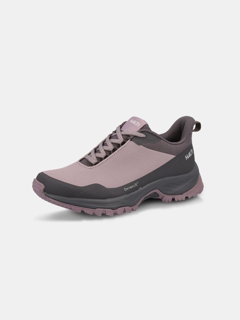 Mauvefarbener und dunkelgrauer Halti Fara Low 3 DX Damen-Wanderschuh mit Schnürung vorne und strukturierter GripmaxX Trail-Sohle.