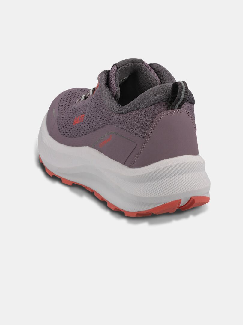 Der Halti Rapid 2 Sneaker Damen in lila/grau hat eine dicke weiße Sohle, orangefarbenes Profil, von hinten links gesehen.