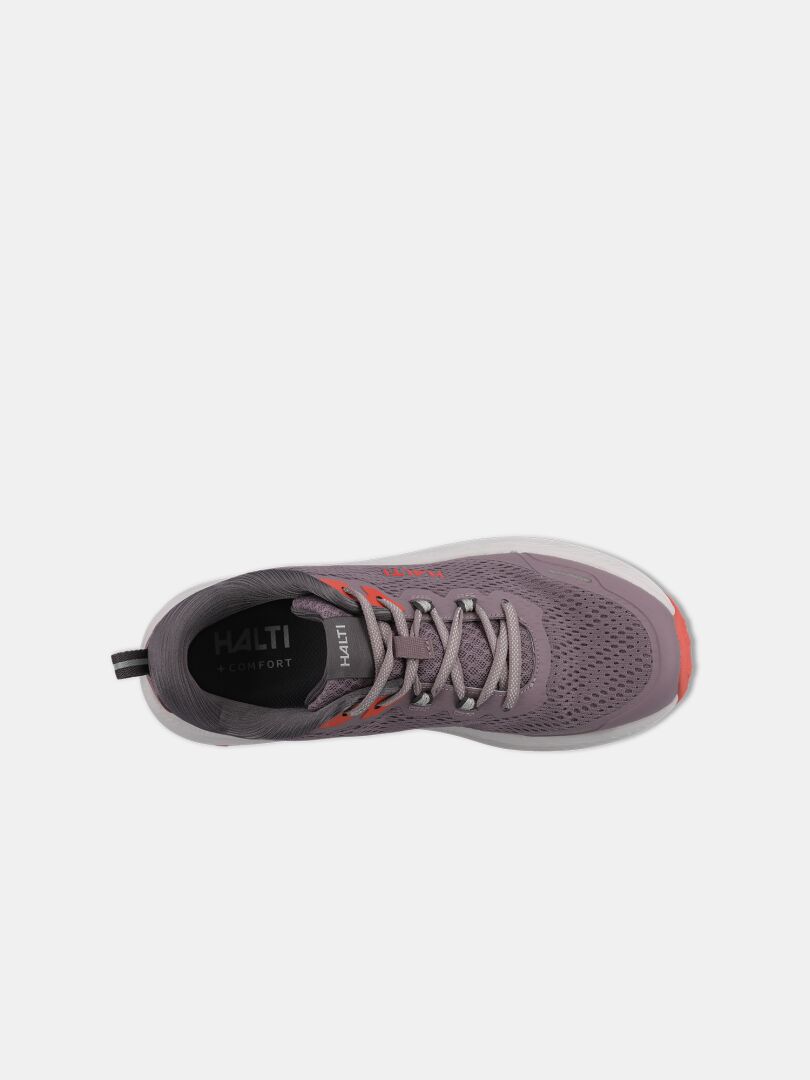 Draufsicht auf einen Halti Rapid 2 Sneaker Damen mit orangefarbenen Akzenten, Schnürsenkeln und Halti-Logo auf der Innensohle.