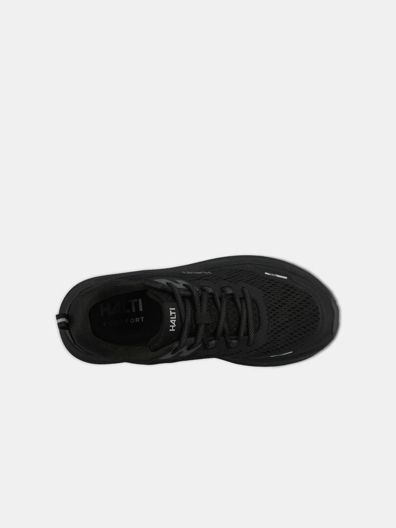 Draufsicht auf einen schwarzen Halti Rapid 2 Sneaker Damen mit sichtbarem Halti Branding auf der Innensohle und der Zunge.