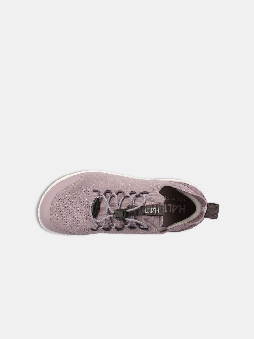 Draufsicht auf den Halti Vire Barfußschuh Damen in Mauve mit Schnürsenkeln, perforierter Spitze und minimalistischer Fersenlasche.
