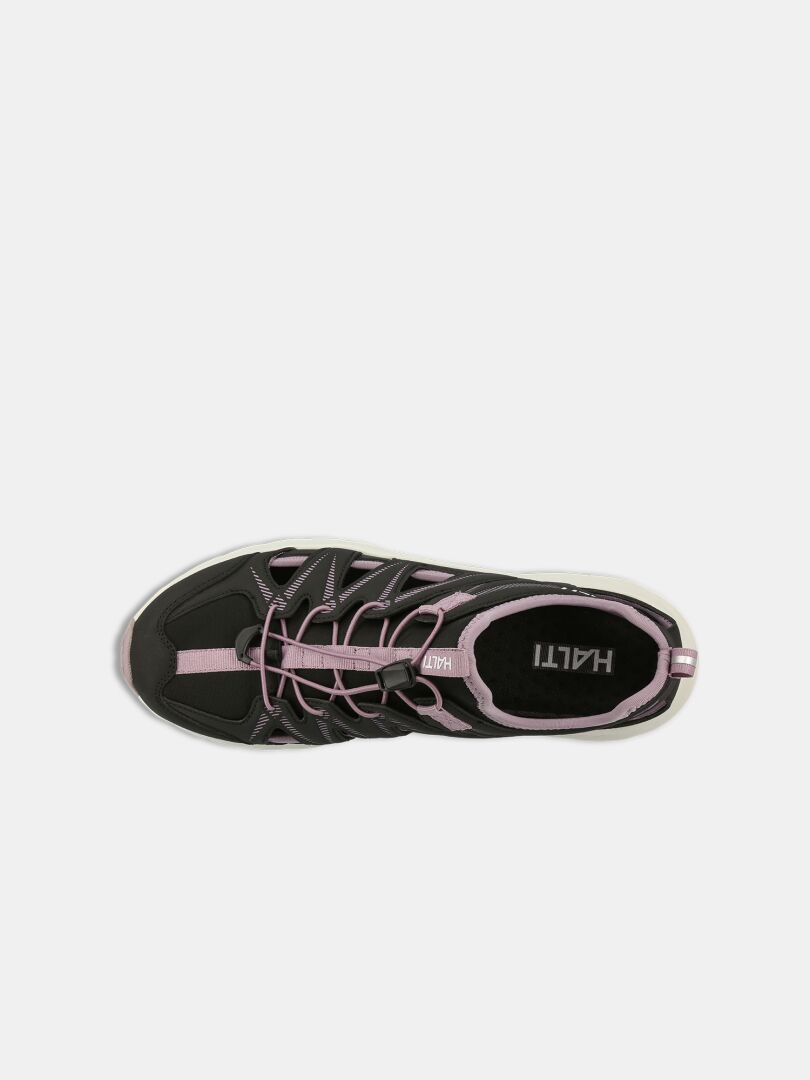 Die Halti Seili Hybrid Sandale Damen in schwarz mit rosa Akzenten und Schnürsenkeln, Draufsicht auf weißem Hintergrund.