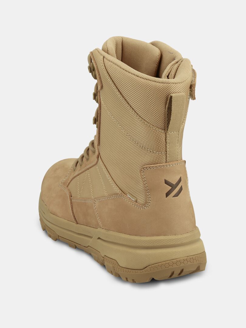 Halti Regis DX Stiefel Herren, tan, hoher Knöchel, strukturierte Sohle, DrymaxX-Membran, schwarzes Fersenlogo, Ansicht hinten links.